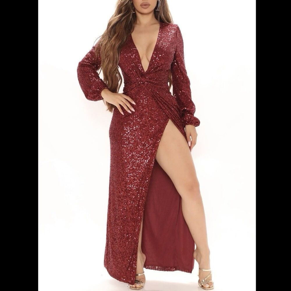 Fashion Nova Betting On You Sequin Maxi Dress 1X Burgundy Formal Gown NWT Slit